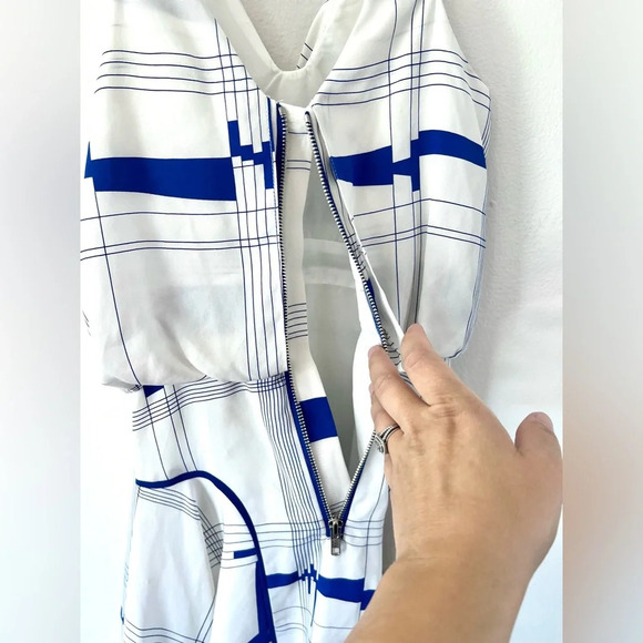 Milly New York Cityscape Print White & Lapis Blue Sleeveless Silk Dress Size 0 - Picture 10 of 14